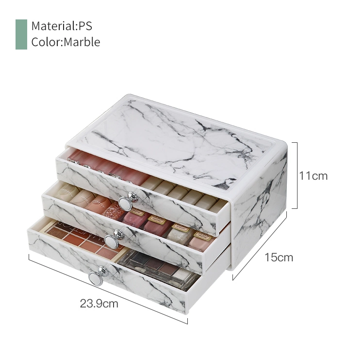 Custom Modern 3-Tiers Cosmetic Case Storage Drawer Dresser Plastic Marble Makeup Organizer